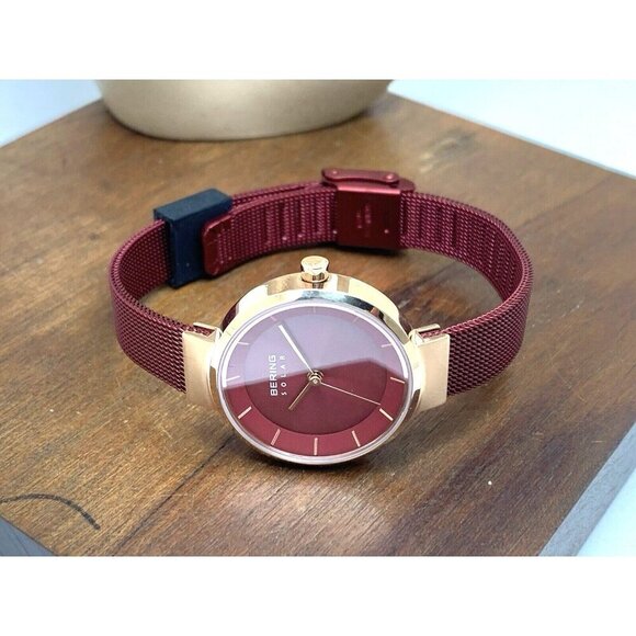 Bering Women's Watch 14627-363 Solar Rose Gold Red Mesh Steel Band 27mm - Picture 7 of 13